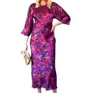 Zara Purple Red Floral Satin Midi Dress Whimsigoth Western Boho‎ Empire Party XS